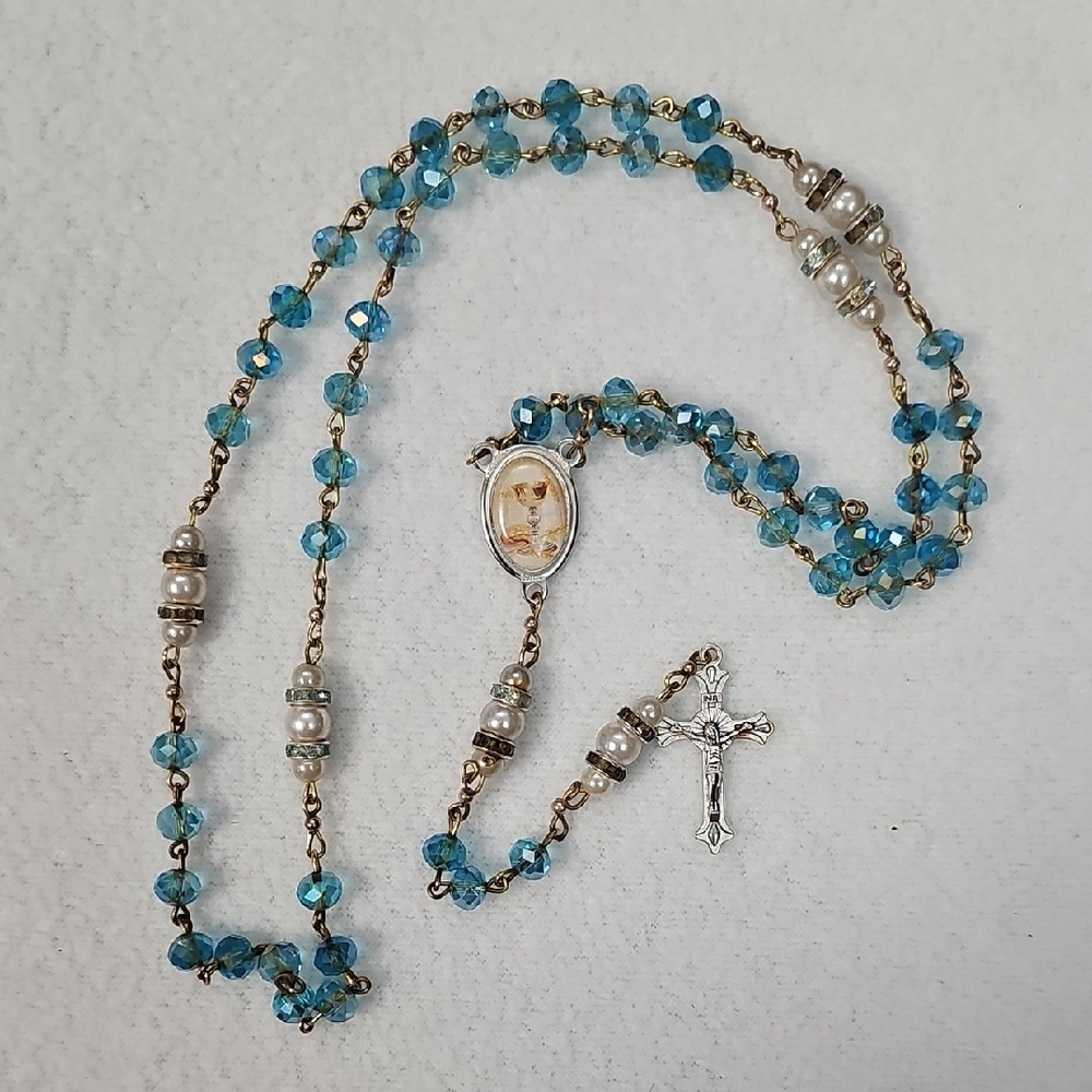 Blue Crystal and Pearl Rosary Necklace - Religious Jewelry